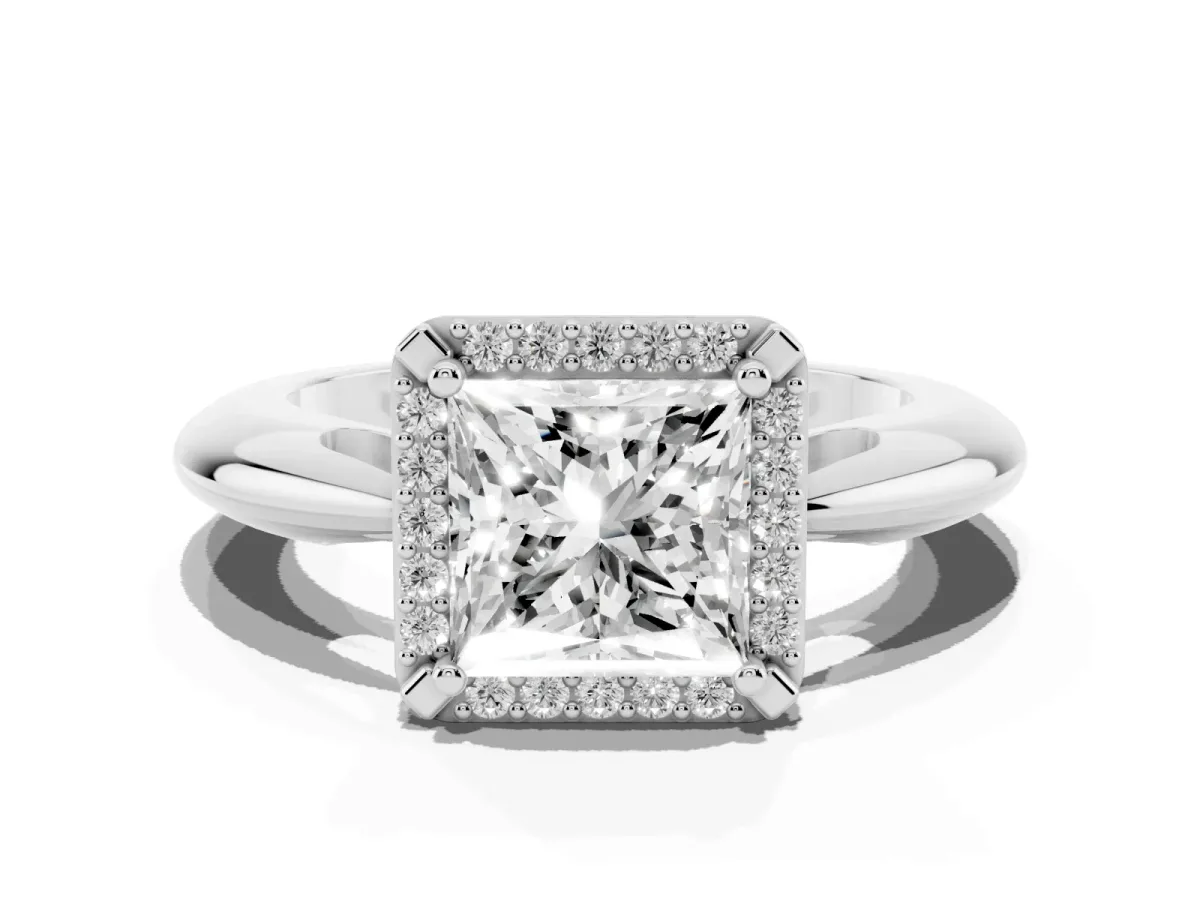Princess Cut Cut Diamond Halo Engagement Ring with Split Shank and Four-Prong Setting Silver