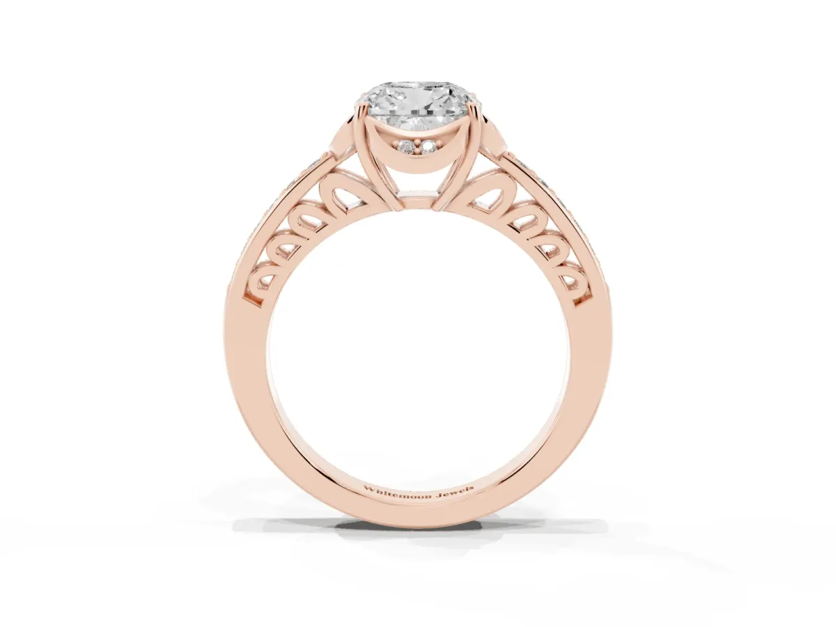 Cushion Cut Cut Halo Diamond Ring with Channel Set Band and Four-Prong Setting Rose gold