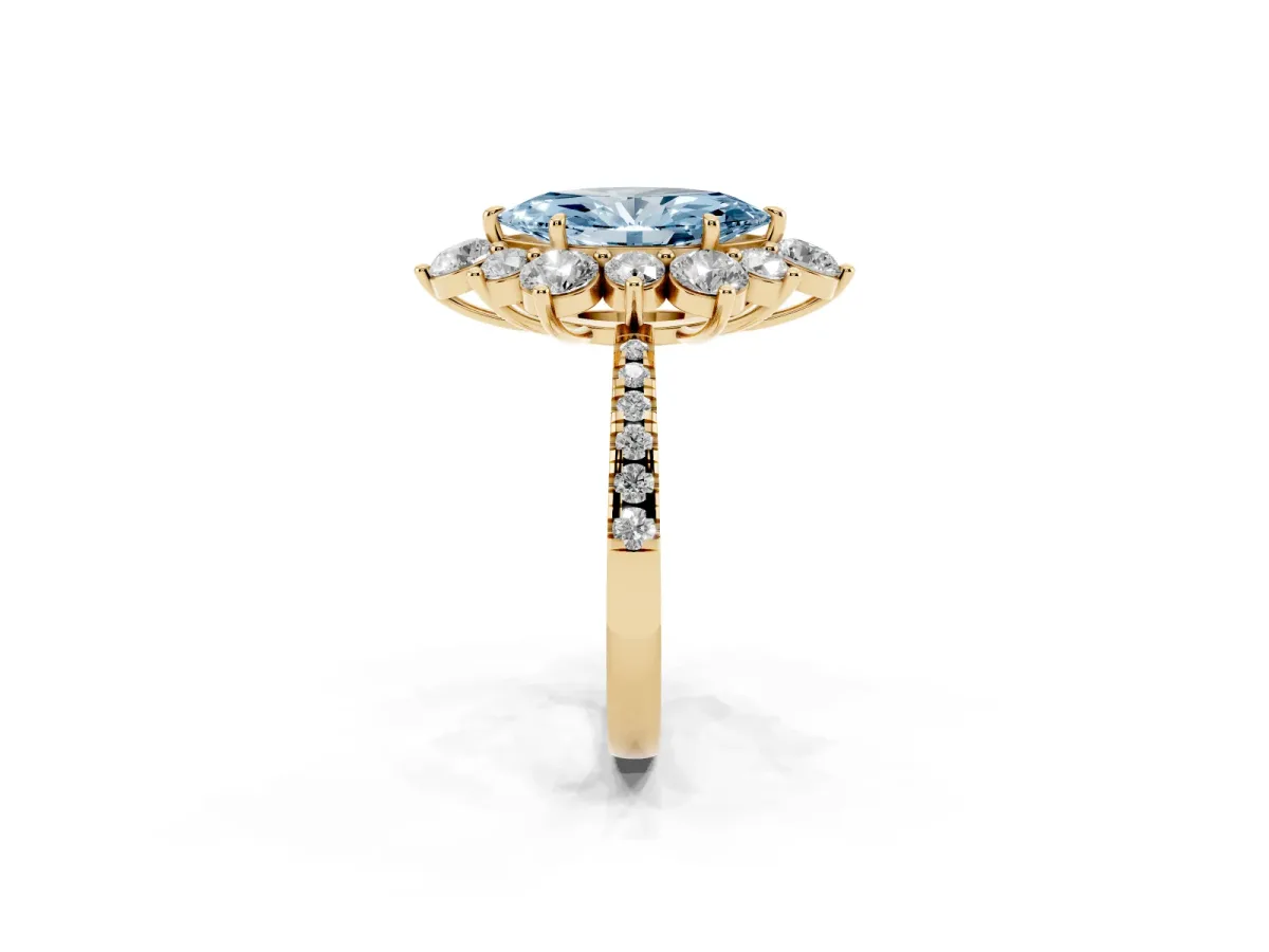 Fancy Blue Marquise Cut Diamond Floral Halo Ring with Round Pavé Band and Prong Setting Yellow gold