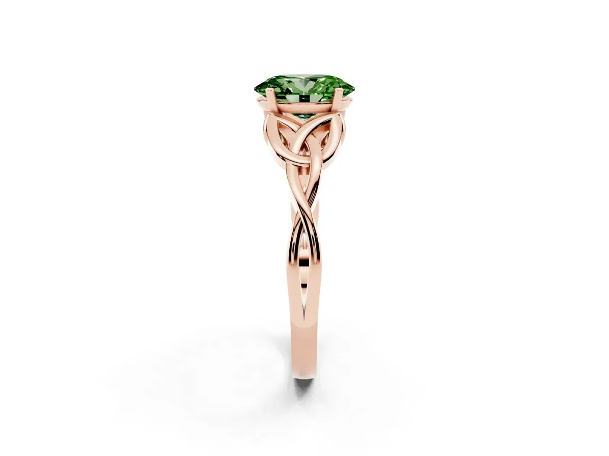 Fancy Green Oval Cut Diamond Solitaire Engagement Ring with Celtic Knot Band and Four-Prong Setting Rose gold