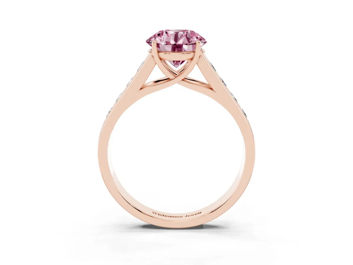 Fancy Pink Round Cut Brilliant Channel-Set Solitaire Ring with Four-Prong Setting Rose gold