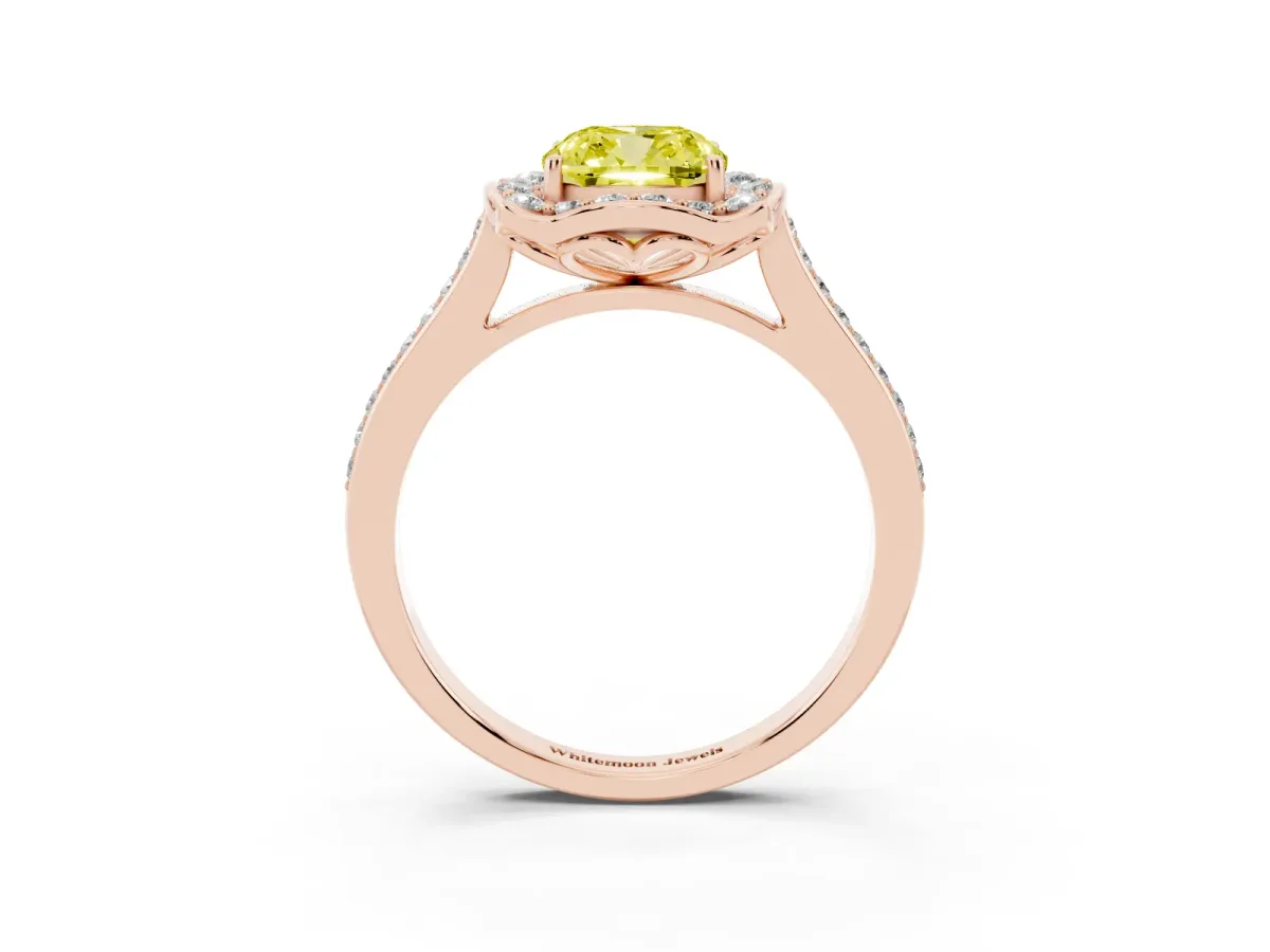 Fancy Yellow Cushion Cut Halo Round Diamond Pave Band with Four-Prong Setting Rose gold