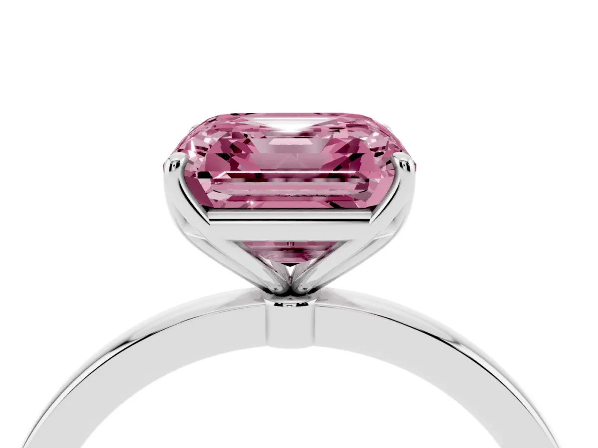 Fancy Pink Asscher Cut Diamond Solitaire Ring with Thin Band and Prong Setting Silver
