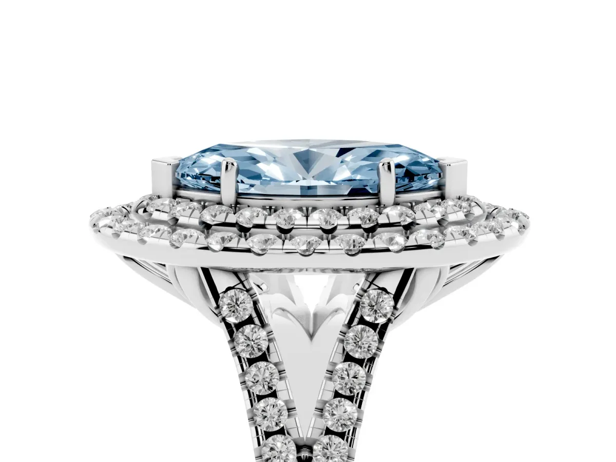 Fancy Blue Double Halo Marquise Cut Diamond Pavé Split Shank Ring with Prong Setting Platinum