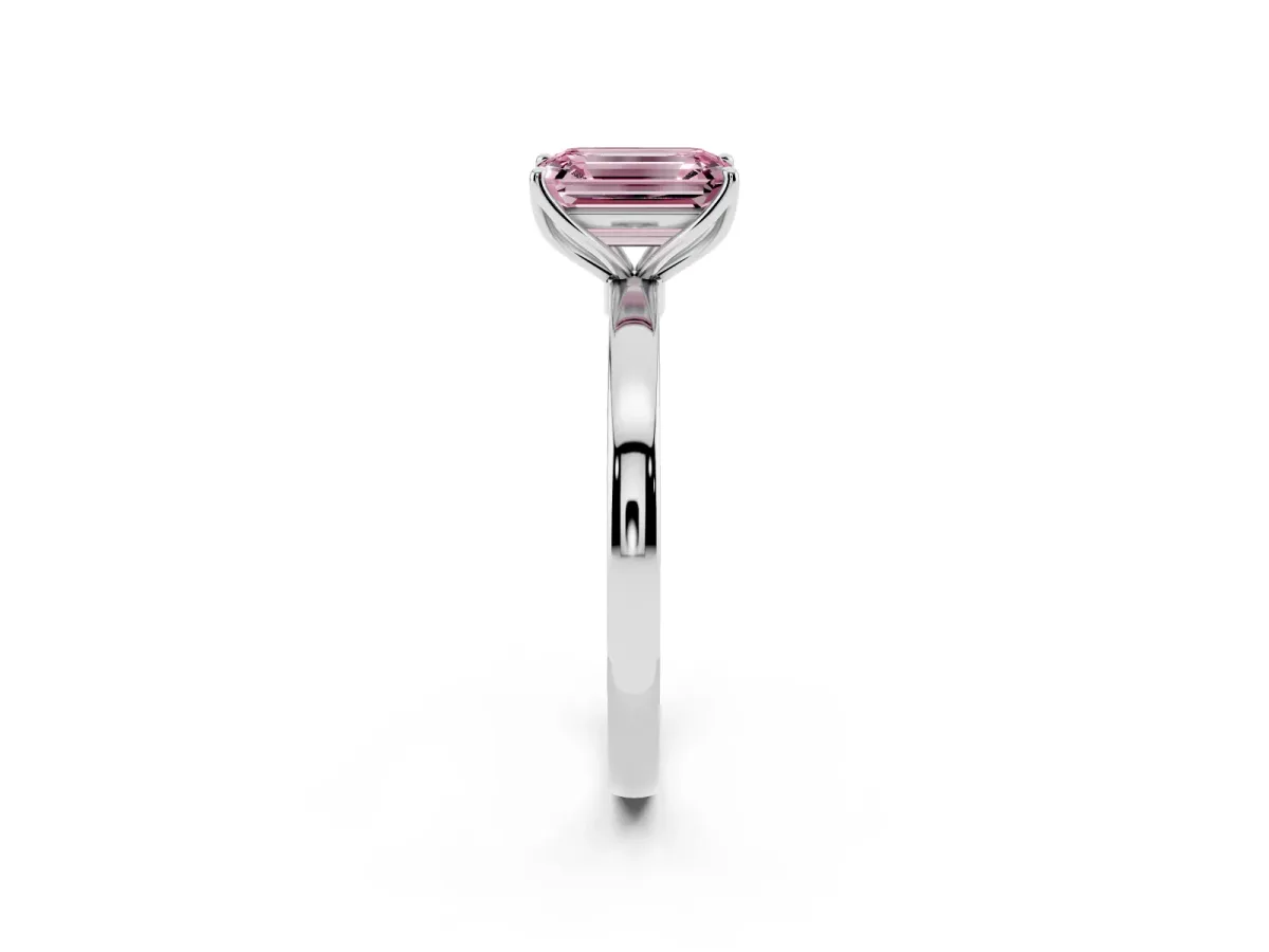 Fancy Pink Emerald Cut Diamond Solitaire Ring with Thin Band and Prong Setting White gold
