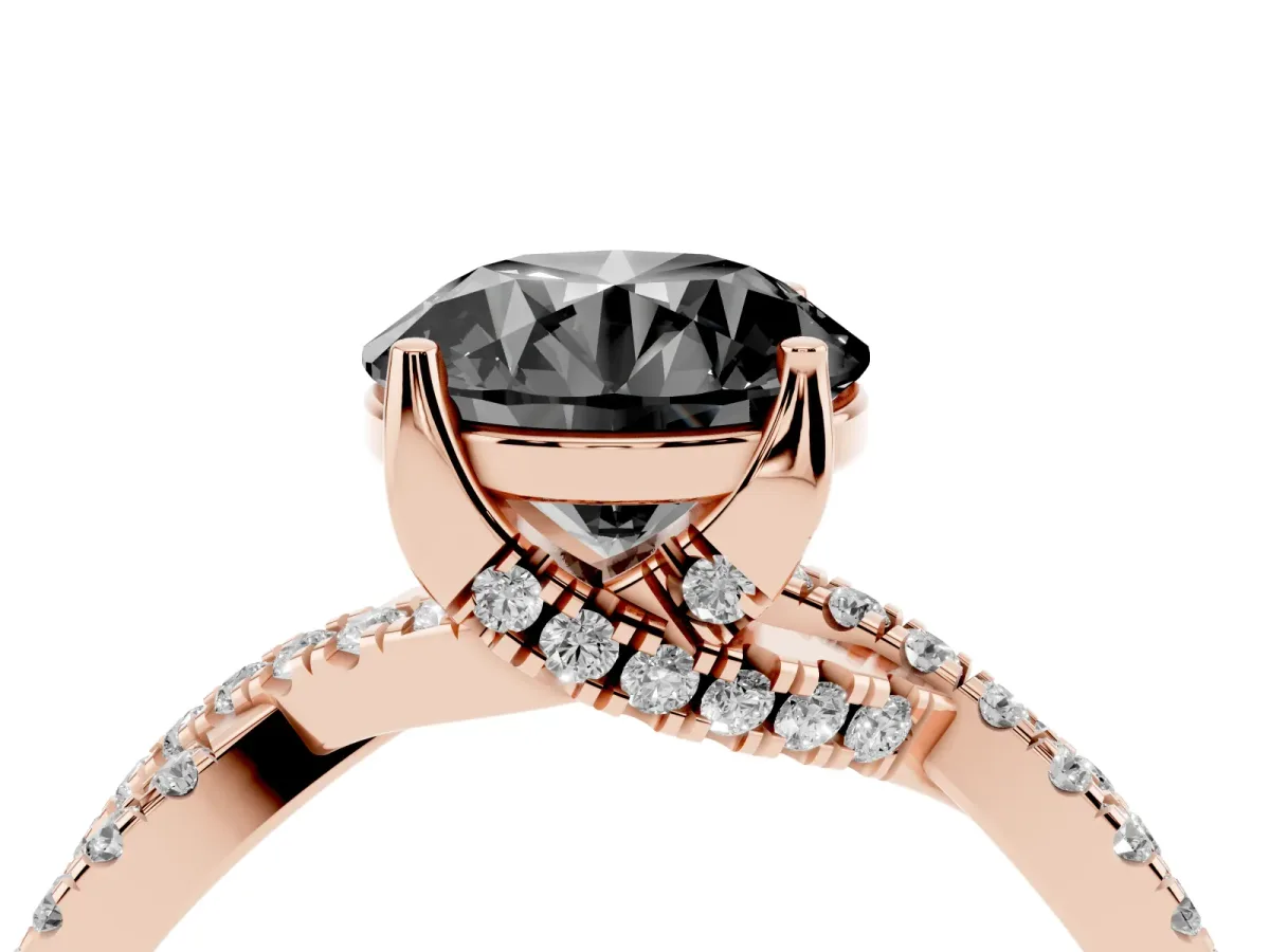 Fancy Black Round Cut Solitaire Twist Pave Diamond Engagement Ring with Prong Setting Rose gold