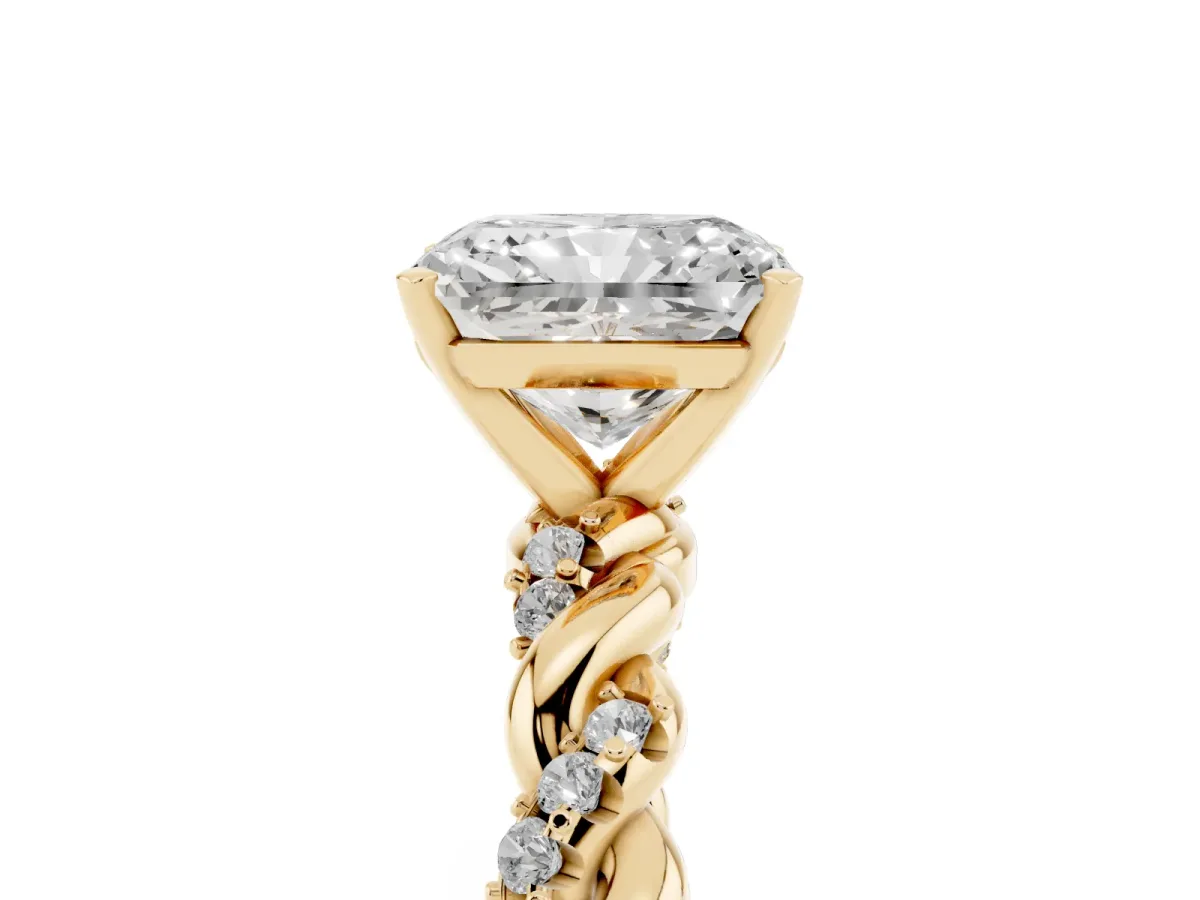 Radiant Cut Diamond Solitaire Ring with Twisted Band and Pavé Accents Yellow gold