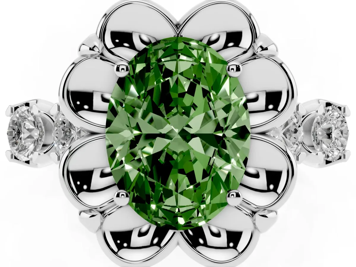 Fancy Green Oval Cut Cut Diamond Floral Halo Engagement Ring with Shared Prong Setting Silver