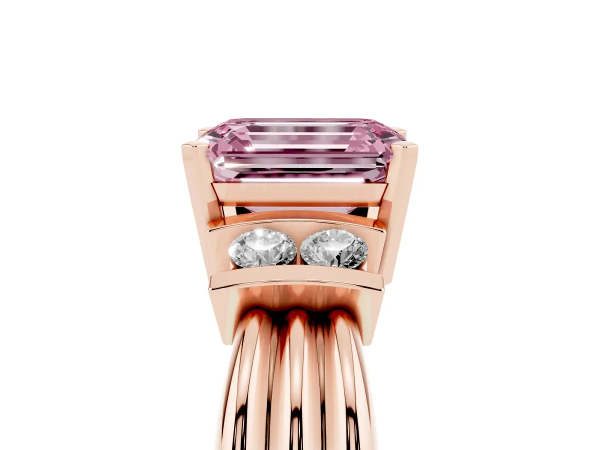 Fancy Pink Emerald Cut Cut Three-Stone Channel Set Ring with Bar Prongs Rose gold