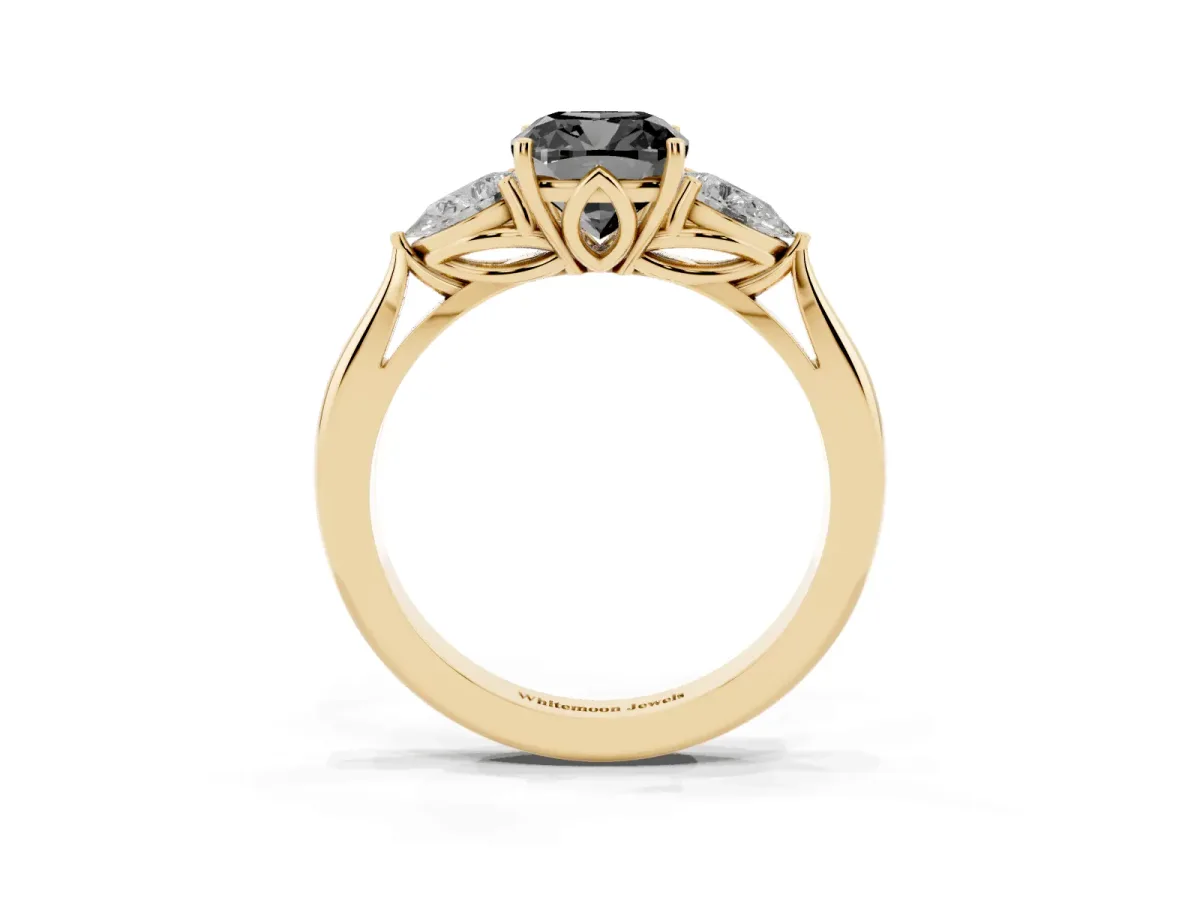 Fancy Black Three-Stone Cushion Cut Brilliant Diamond Solitaire Ring with Tapered Band and Four-Prong Setting Yellow gold