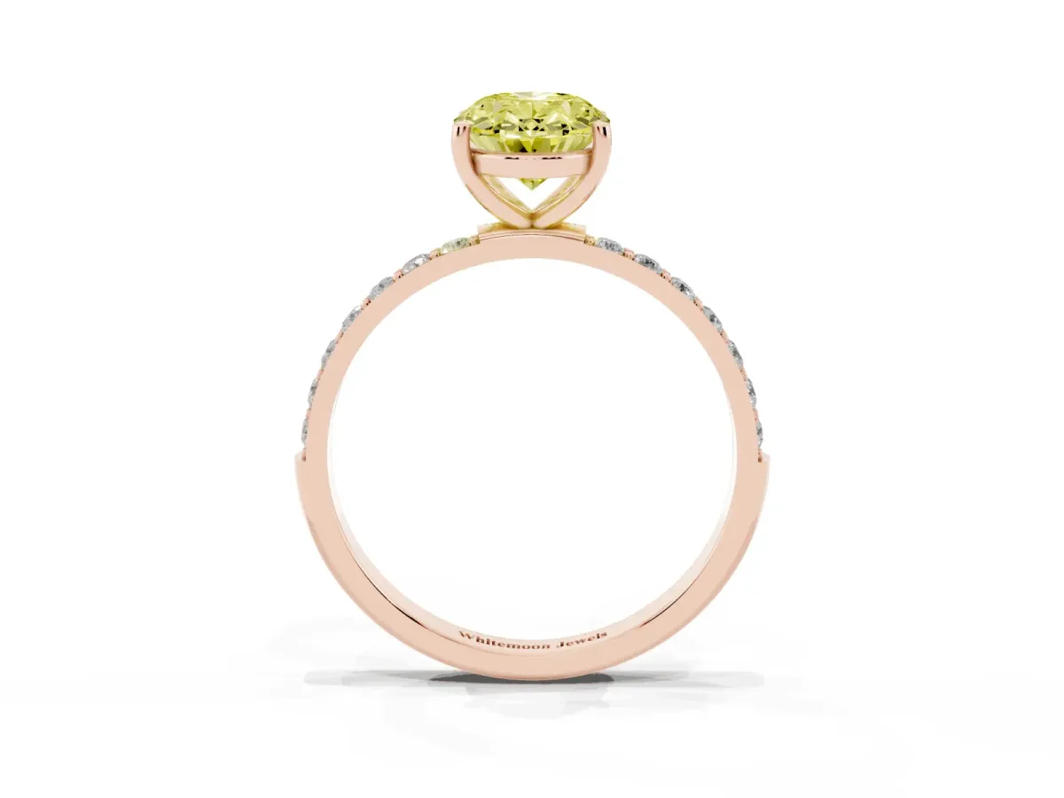 Fancy Yellow Oval Cut Diamond Solitaire Ring with Round Pavé Shoulders and Prong Setting Rose gold