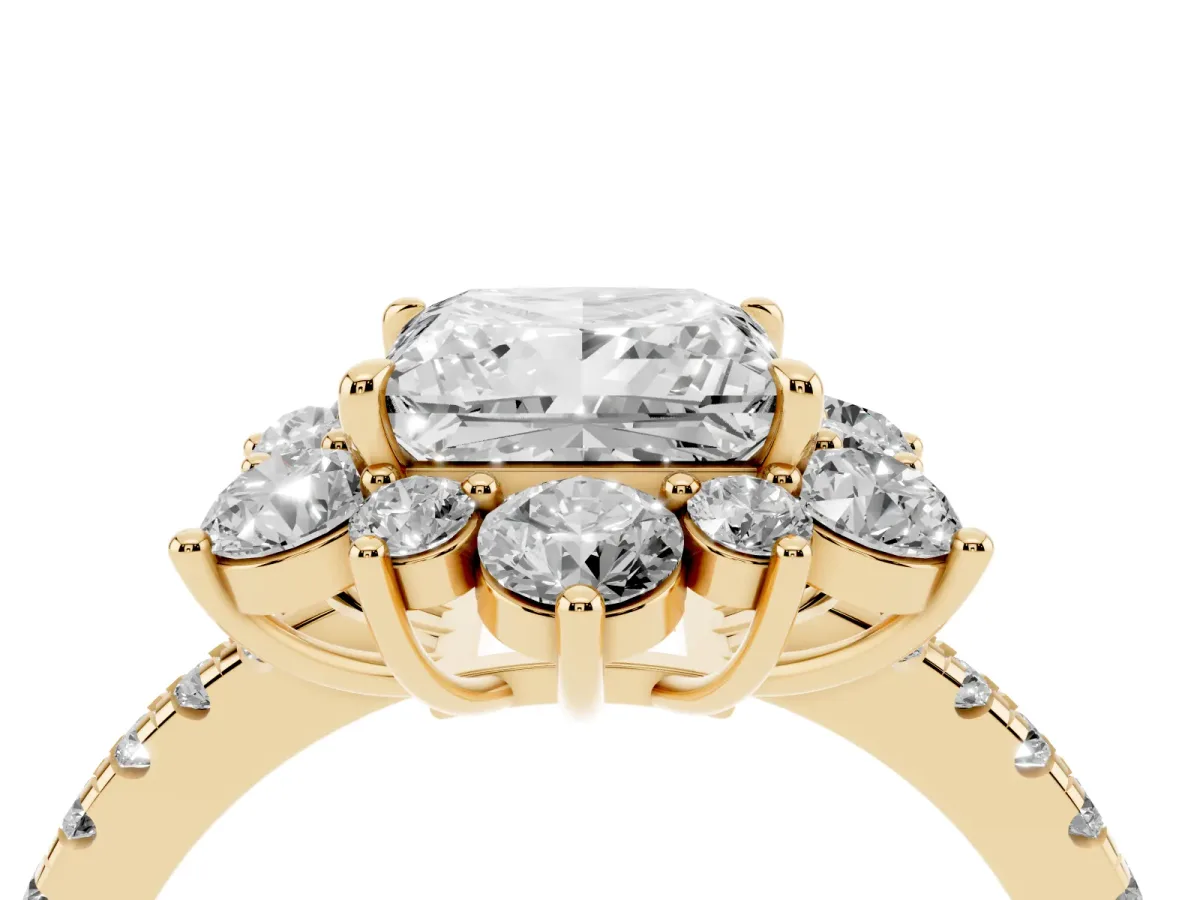 Princess Cut Diamond Floral Halo Ring with Round Pavé Band and Prong Setting Yellow gold