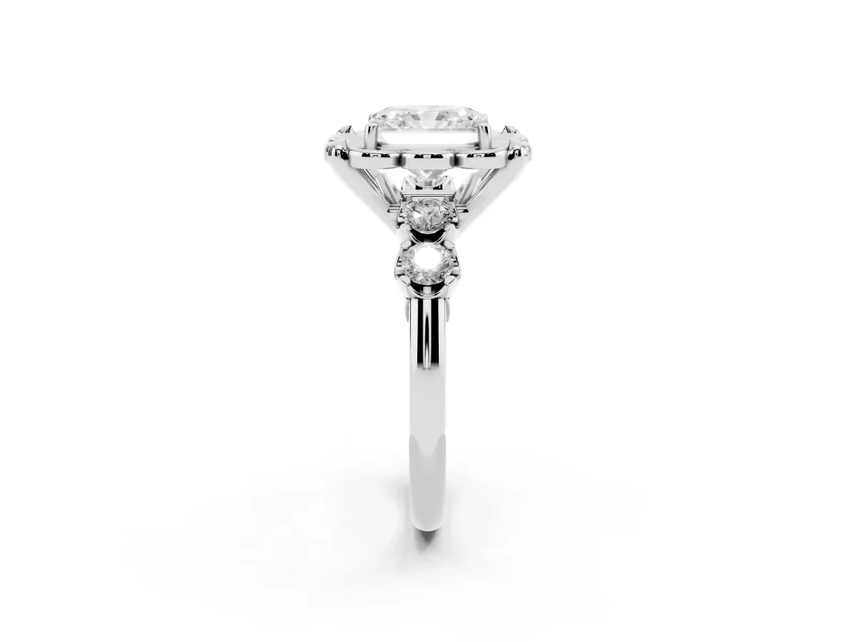 Radiant Cut Cut Diamond Floral Halo Engagement Ring with Shared Prong Setting Silver
