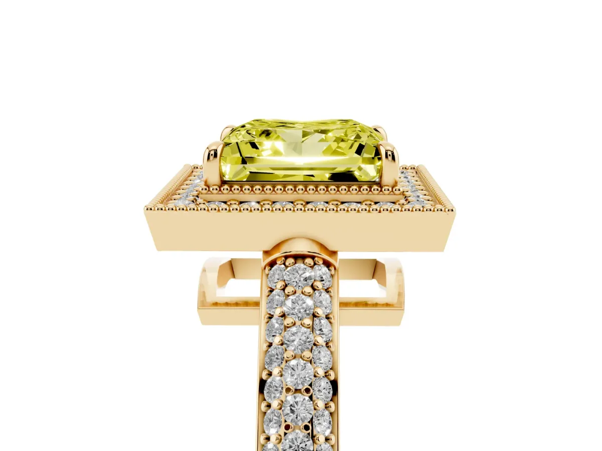 Fancy Yellow Princess Cut Cut Halo Diamond Pave Band with Four-Prong Setting Yellow gold