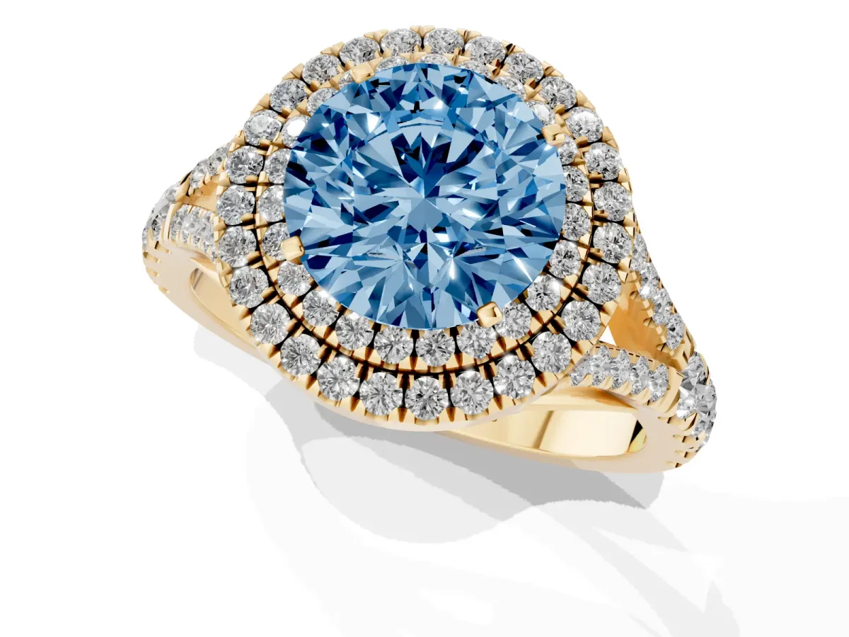 Fancy Blue Double Halo Round Cut Diamond Split Shank Engagement Ring with Four-Prong Setting Yellow gold