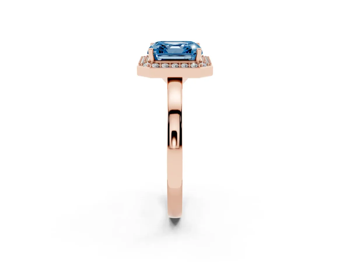Fancy Blue Asscher Cut Halo Diamond Ring with Solitaire Band and Prong Setting Rose gold