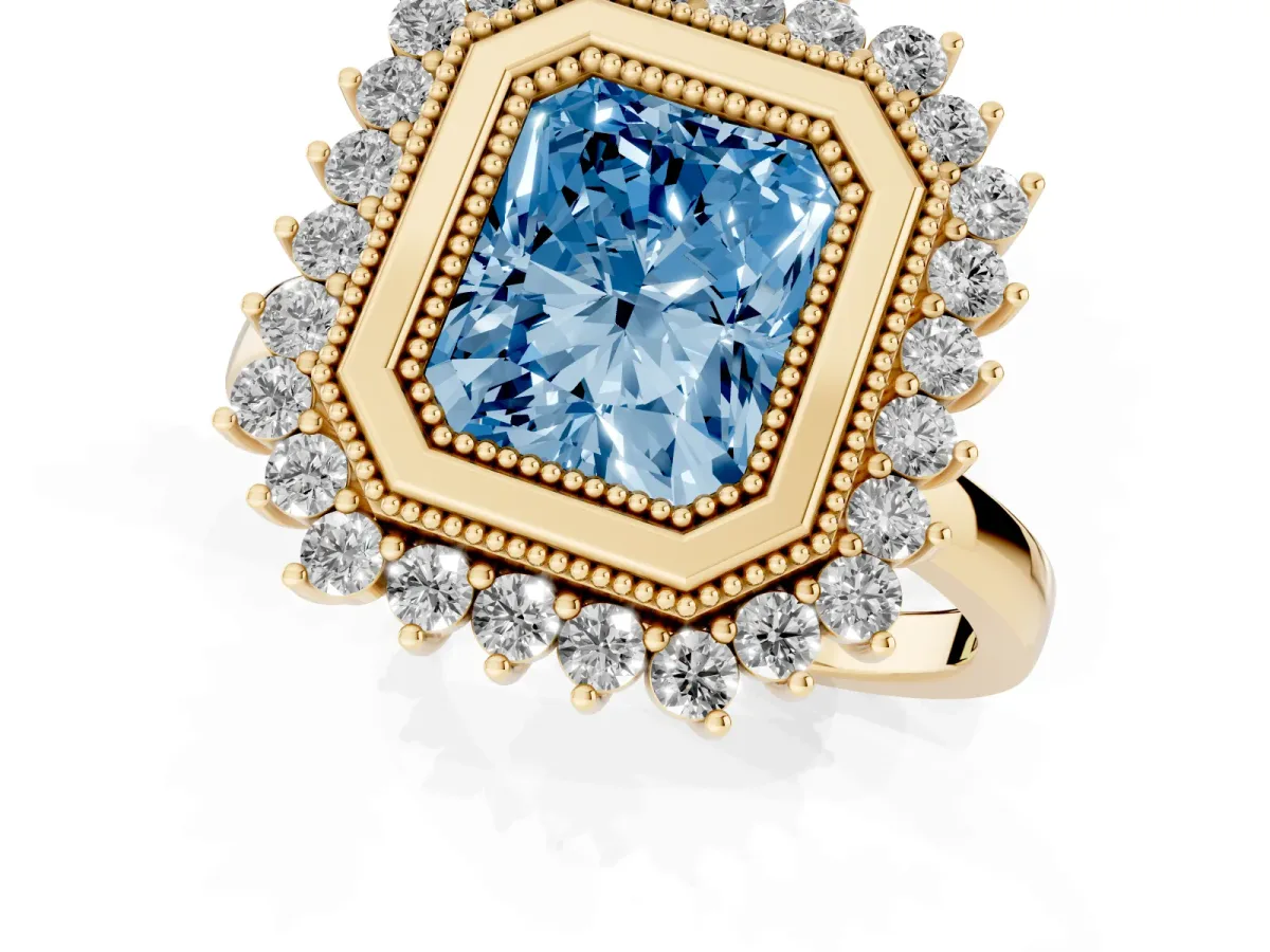 Fancy Blue Radiant Cut Halo Diamond Ring with Milgrain Edge and Round Prong Setting Yellow gold