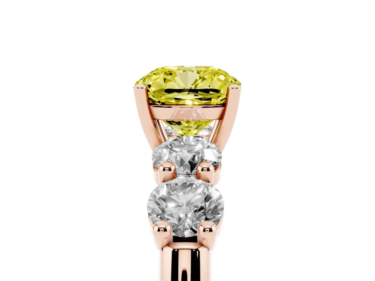 Fancy Yellow Cushion Cut Cut Five-Stone Prong Set Diamond Ring with Classic Band Rose gold