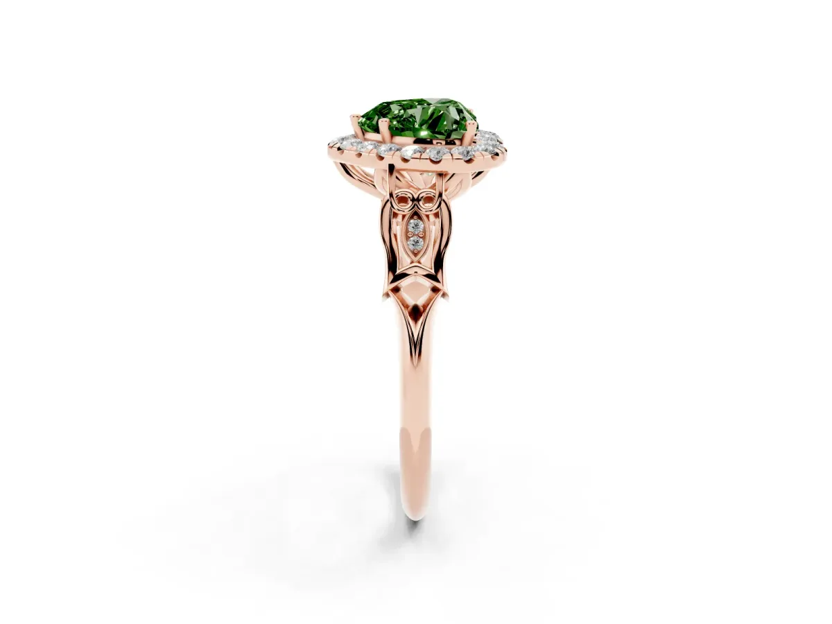 Fancy Green Heart Cut Halo Diamond Engagement Ring with Filigree Band and Four-Prong Setting Rose gold