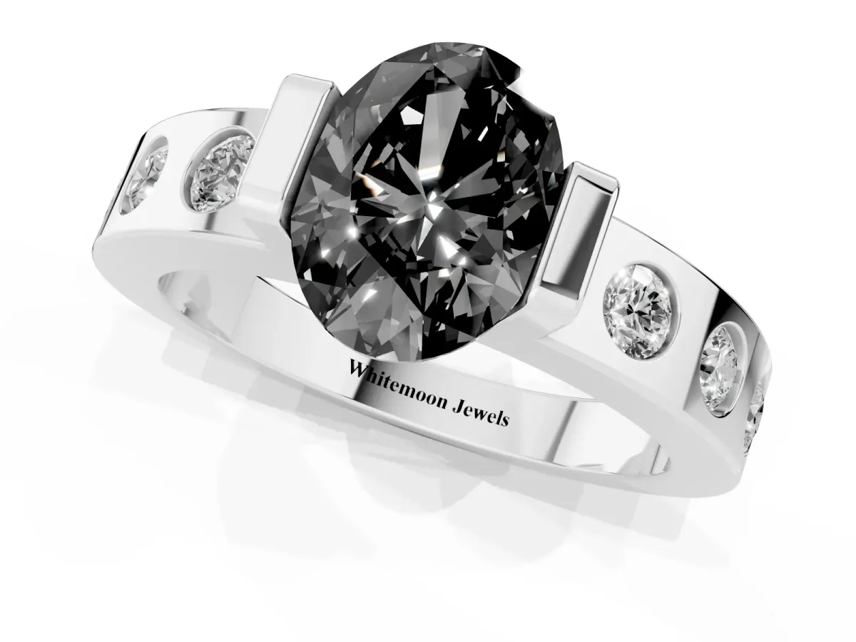Fancy Black Oval Cut Brilliant Channel-Set Diamond Ring with Bezel Prong Setting Platinum