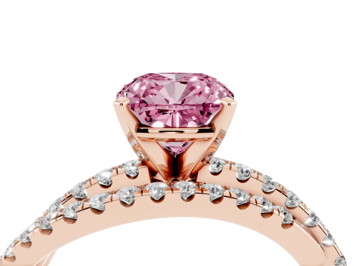 Fancy Pink Cushion Cut Solitaire Twist Band with Pavé Setting and Four-Prong Setting Rose gold