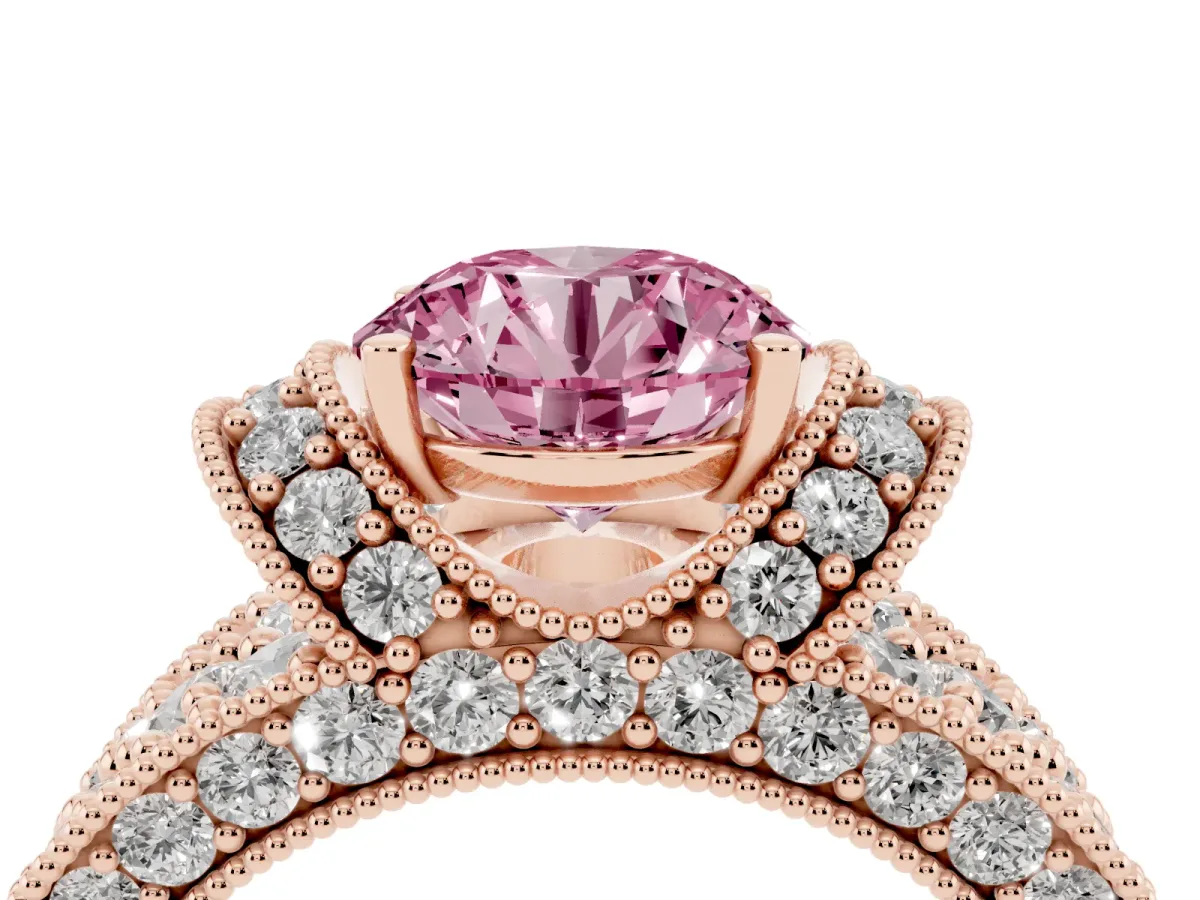 Fancy Pink Round Cut Halo Pave Diamond Engagement Ring with Milgrain Detailing Rose gold