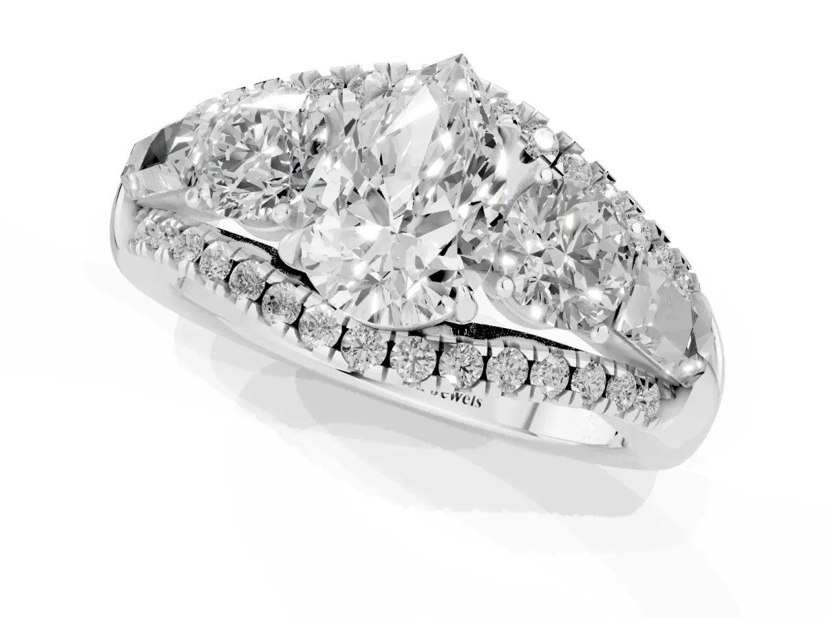 Three-Stone Pear Cut Diamond Engagement Ring with Pave Band and Prong Setting Silver