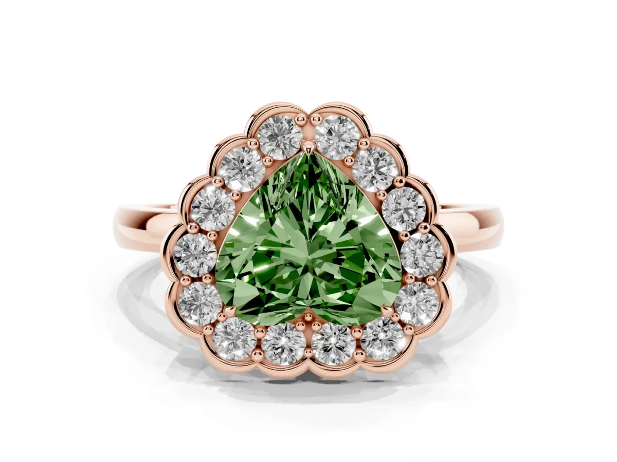 Fancy Green Heart Cut Halo Cluster Diamond Engagement Ring with Solitaire Band and Prong Setting Rose gold