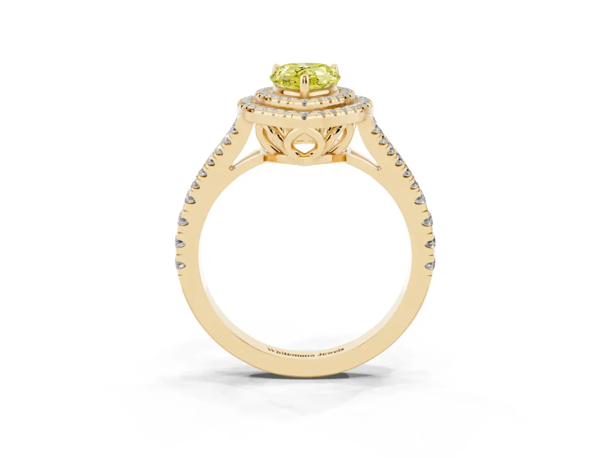 Fancy Yellow Pear Cut Diamond Double Halo Ring with Pavé Band and Prong Setting Yellow gold