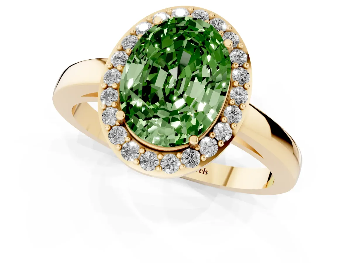 Fancy Green Oval Cut Halo Diamond Ring with Solitaire Band and Prong Setting Yellow gold