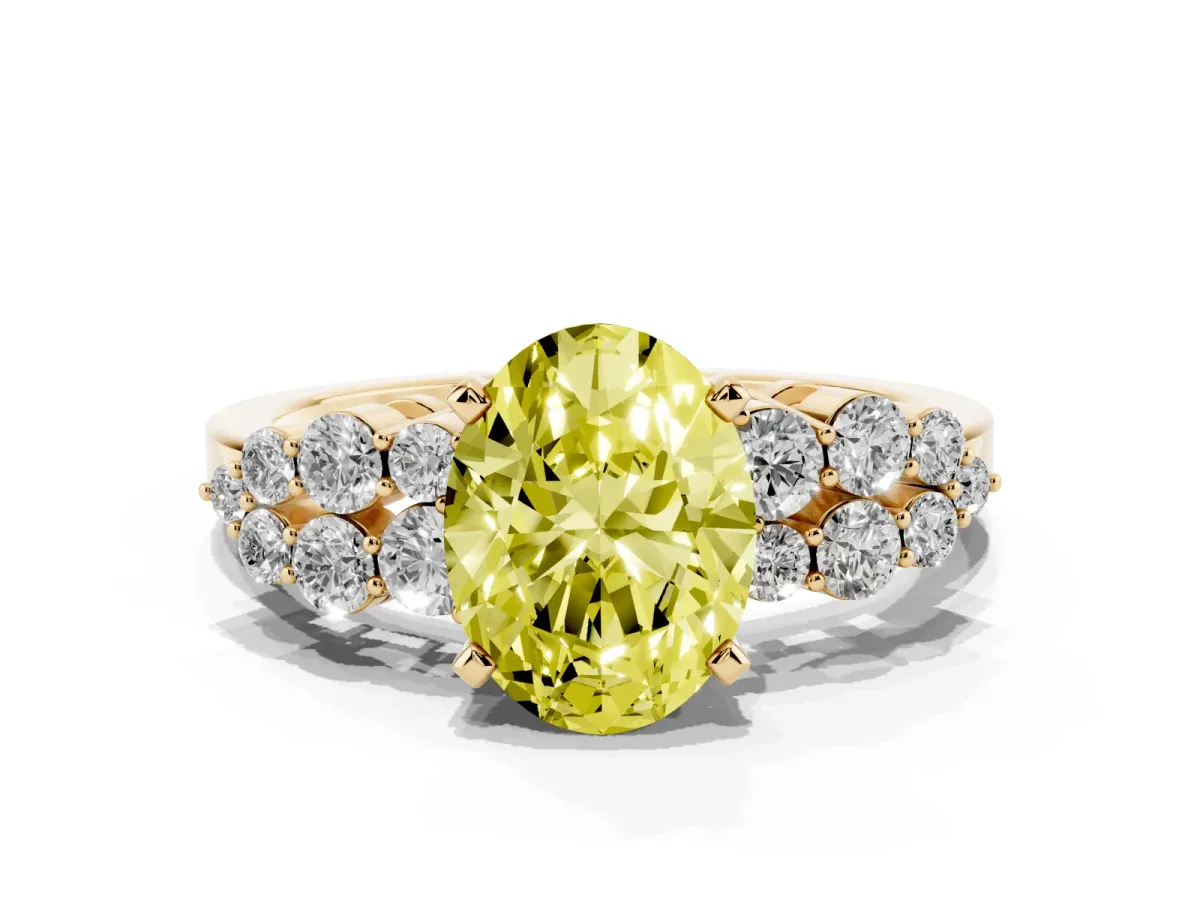Fancy Yellow Oval Cut Cluster Diamond Engagement Ring with Pavé Band and Four-Prong Setting Yellow gold