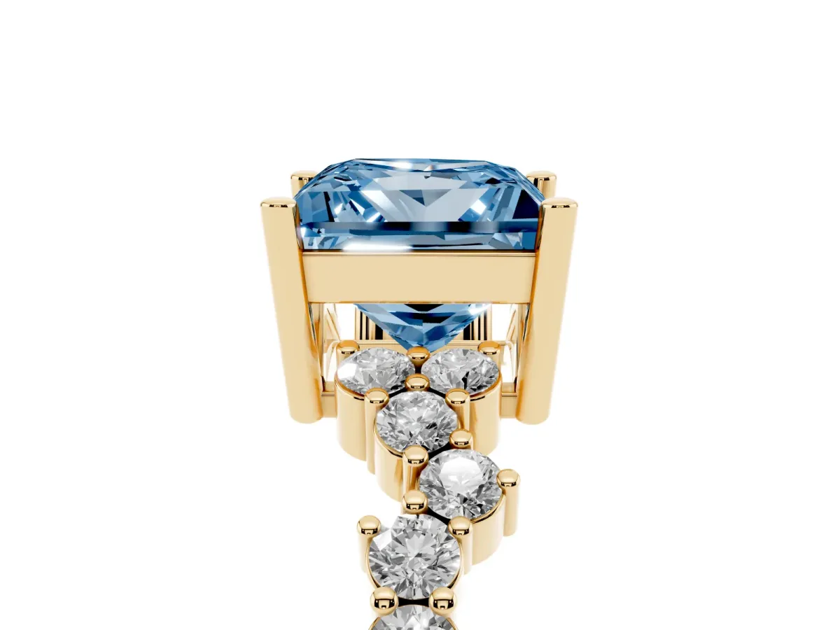 Fancy Blue Princess Cut Diamond Scattered Round Accent Ring with Prong Setting Yellow gold