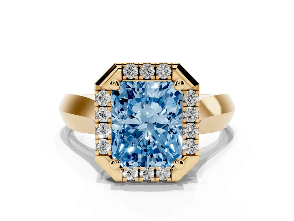 Fancy Blue Radiant Cut Cut Halo Solitaire Engagement Ring with Square Band and Four-Prong Setting Yellow gold