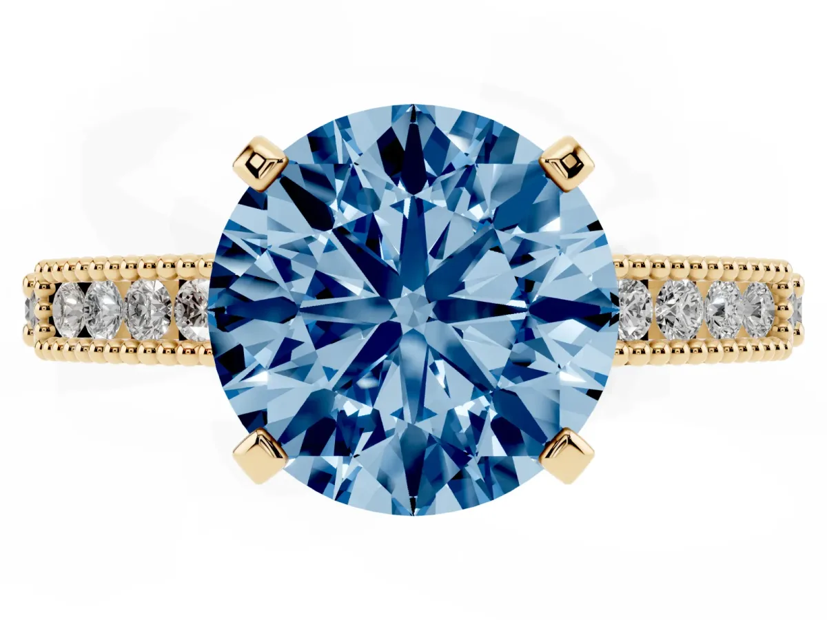 Fancy Blue Round Cut Solitaire with Pavé Band and Four-Prong Setting Yellow gold