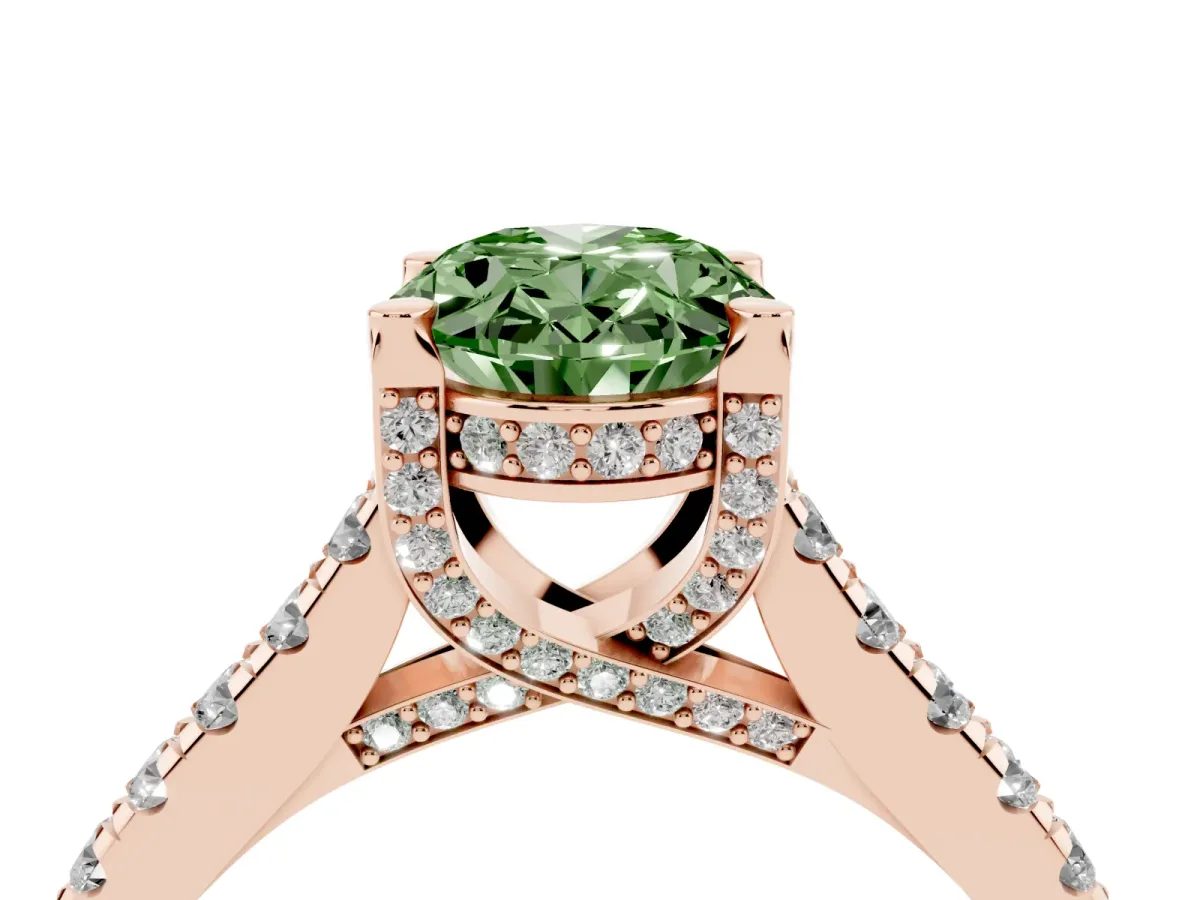 Fancy Green Oval Cut Brilliant Diamond Solitaire with Pavé Band and Four-Prong Setting Rose gold