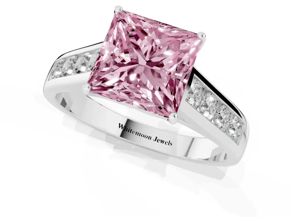 Fancy Pink Princess Cut Brilliant Channel-Set Solitaire Ring with Four-Prong Setting Platinum