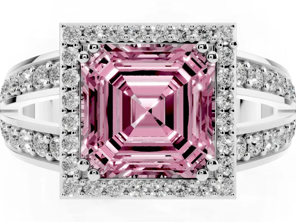 Fancy Pink Asscher Cut Diamond Halo Ring with Split Shank Pavé Band and Four-Prong Setting Silver