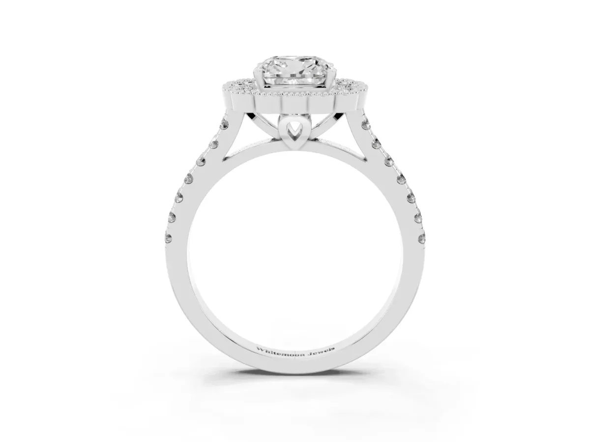 Cushion Cut Cut Diamond Milgrain Floral Halo Engagement Ring with Pavé Band White gold