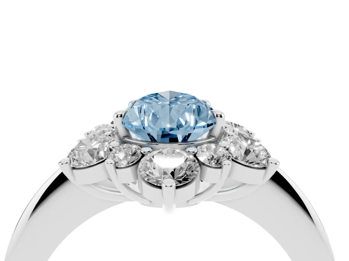 Fancy Blue Pear Cut Diamond Cluster Halo Ring with Solitaire Band and Four-Prong Setting Silver