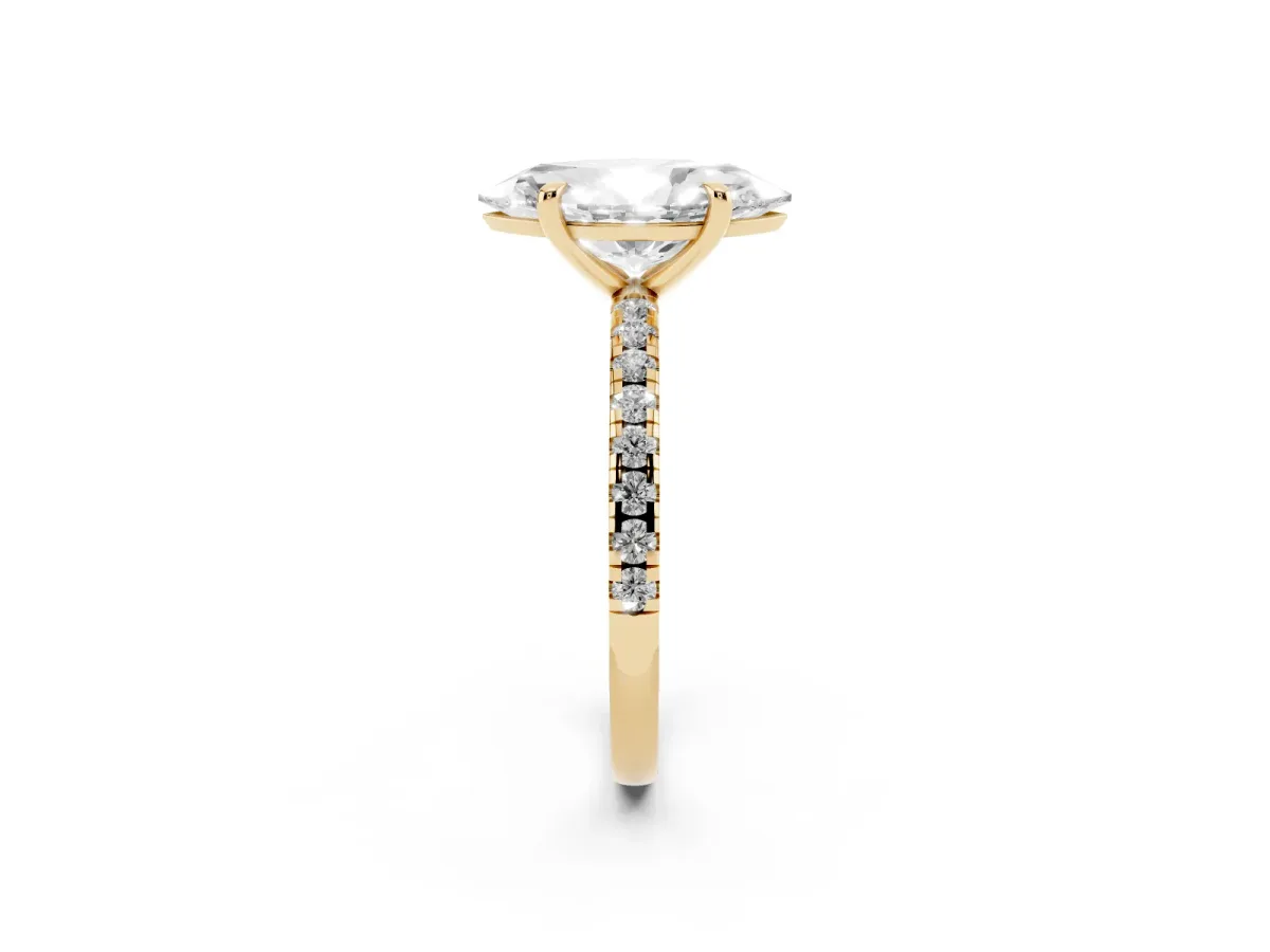 Marquise Cut Diamond Brilliant Solitaire Ring with Pavé Band and Four-Prong Setting Yellow gold