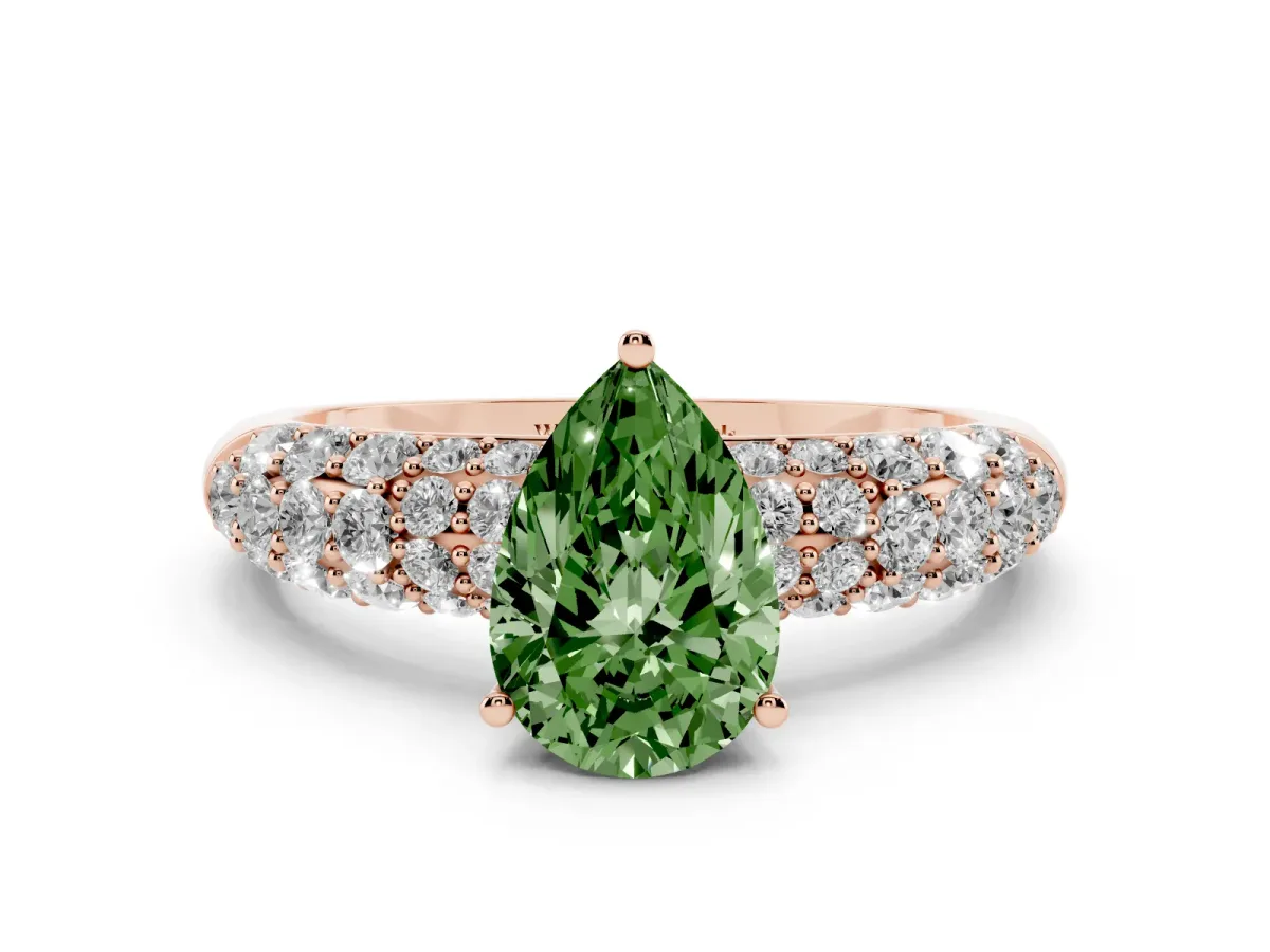 Fancy Green Pear Cut Diamond Pavé Band Solitaire Ring with Four-Prong Setting Rose gold