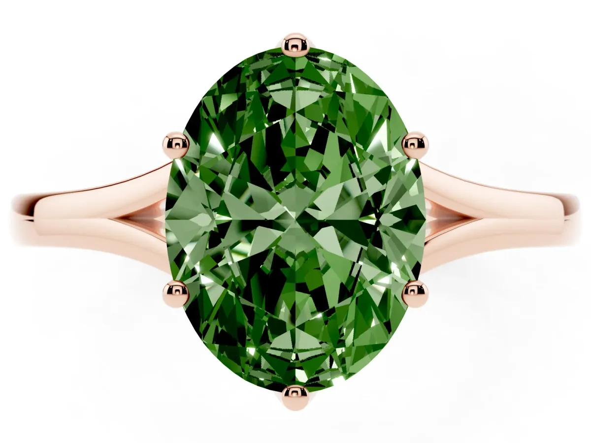 Fancy Green Oval Cut Solitaire Diamond Ring with Six-Prong Setting and Tapered Band Rose gold