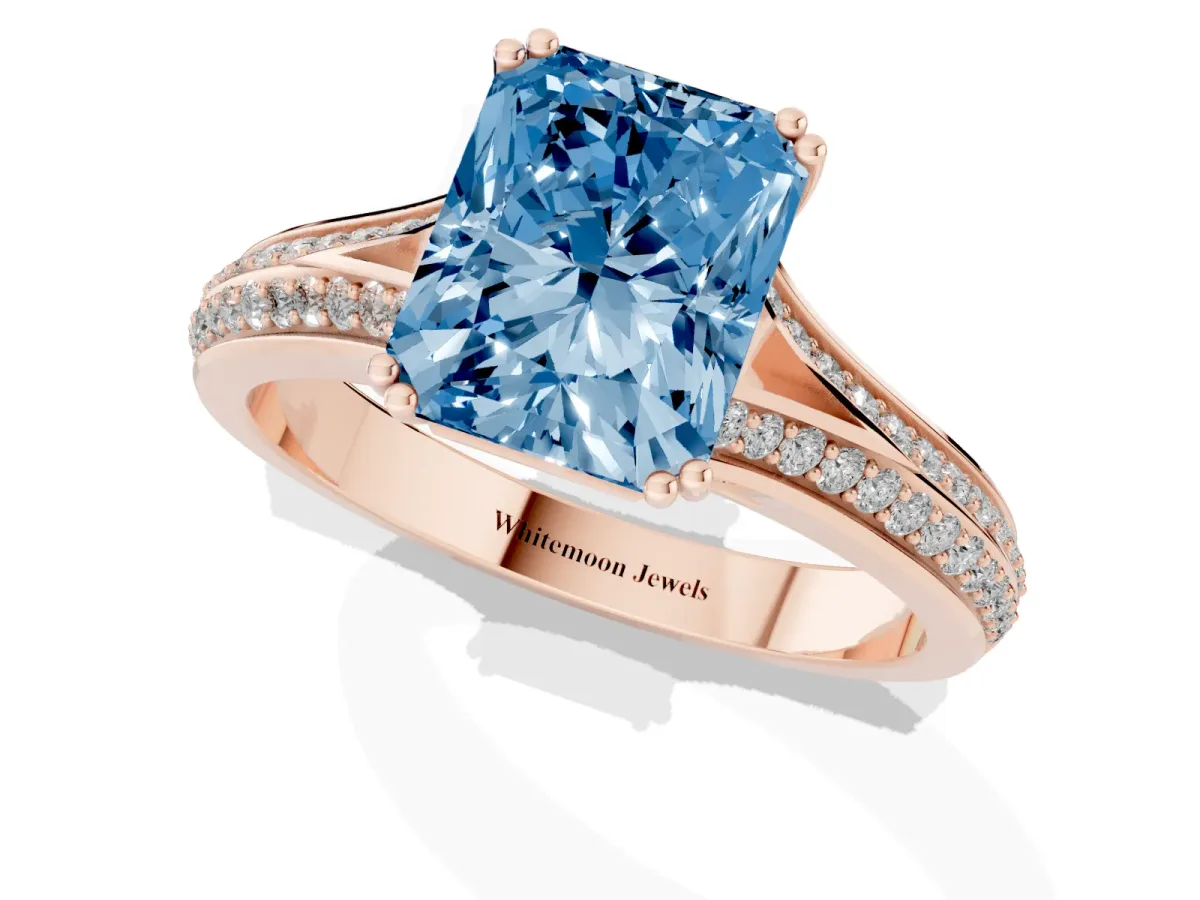 Fancy Blue Radiant Cut Diamond Split Shank Engagement Ring with Pavé Band Rose gold