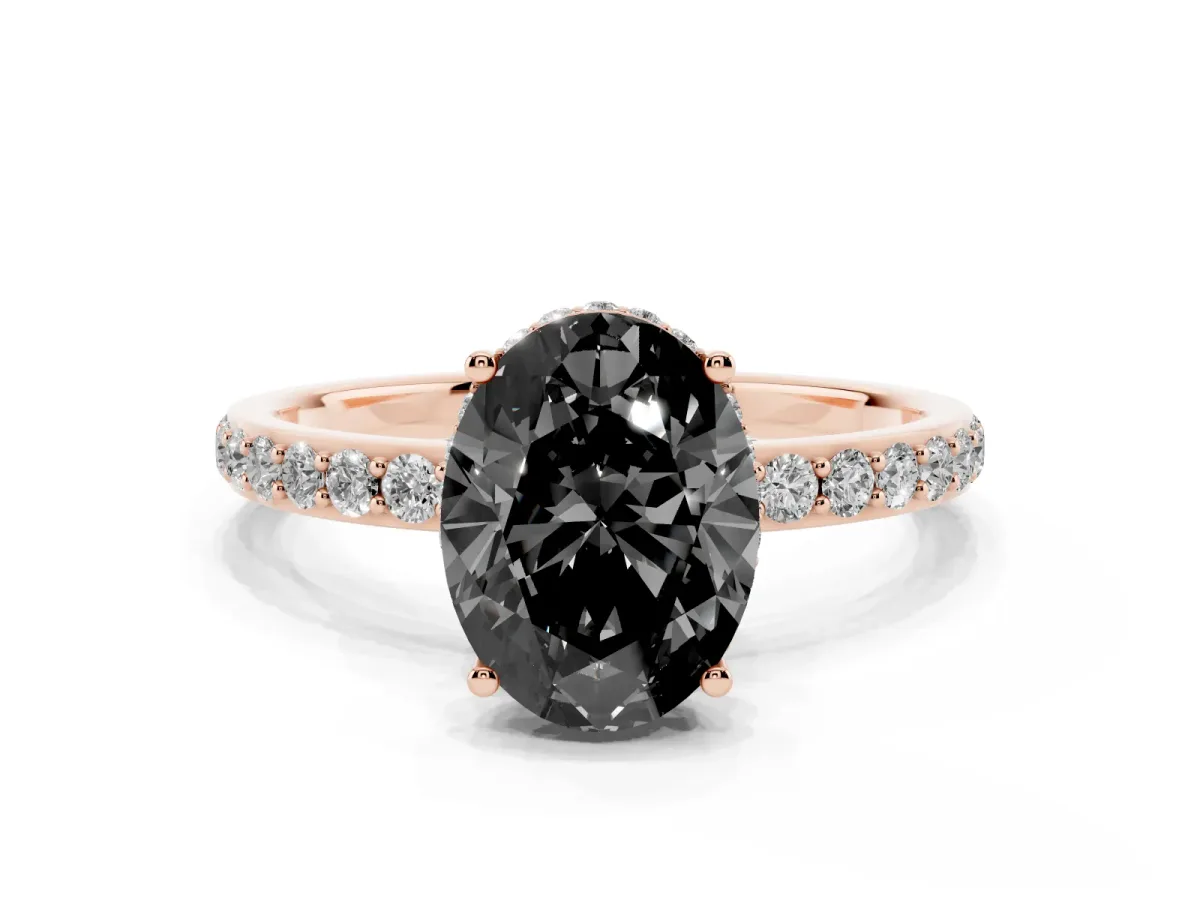 Fancy Black Oval Cut Diamond Solitaire Ring with Pavé Band and Hidden Halo Rose gold