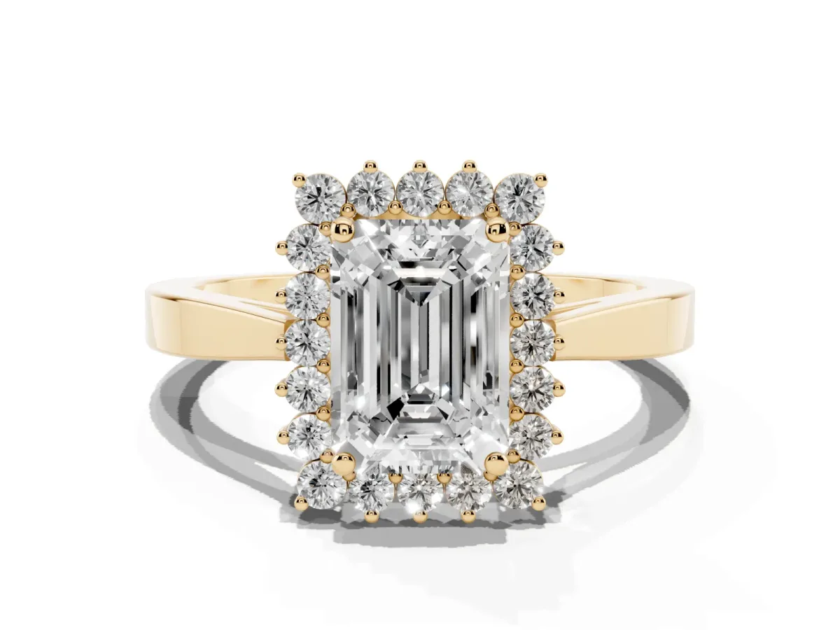 Emerald Cut Cut Diamond Halo Ring with Round Brilliant Halo and Solitaire Band Yellow gold