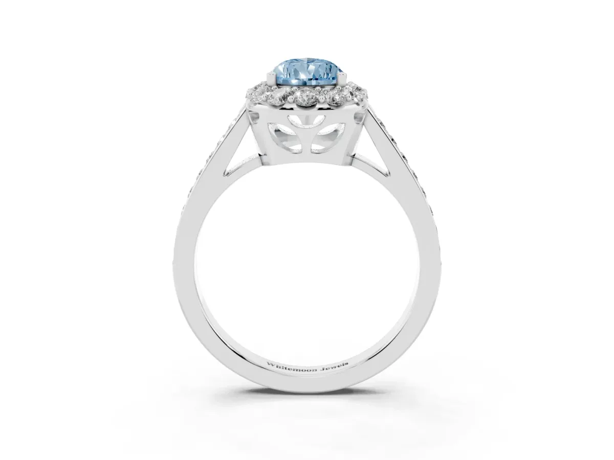 Fancy Blue Pear Cut Diamond Floral Halo Ring with Pavé Band and Prong Setting White gold