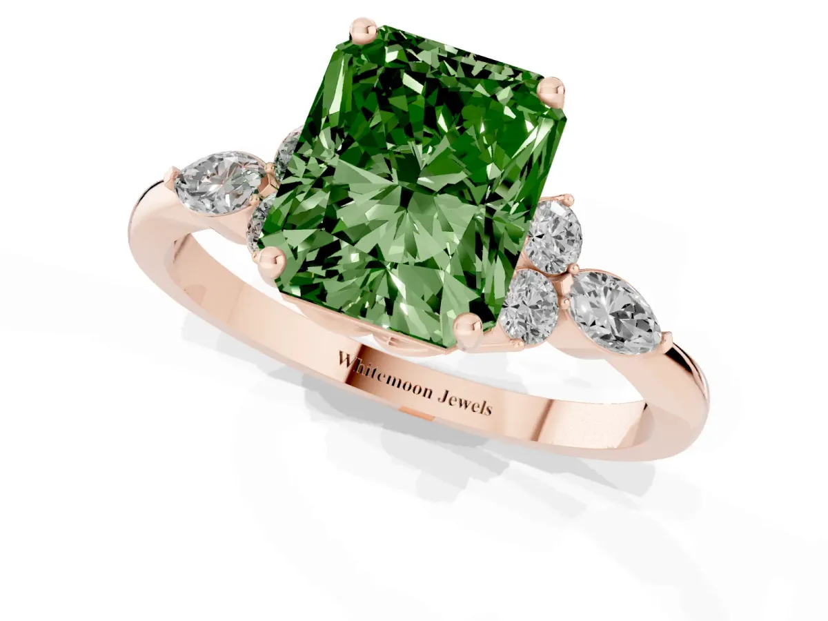 Fancy Green Radiant Cut Brilliant Diamond Solitaire Ring with Pear Side Stones and Four-Prong Setting Rose gold
