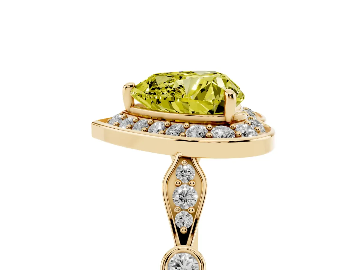 Fancy Yellow Heart Cut Halo Diamond Engagement Ring with Twisted Band and Four-Prong Setting Yellow gold