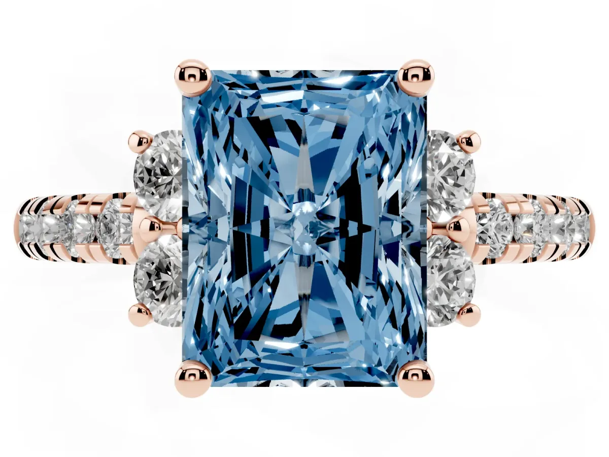 Fancy Blue Radiant Cut Diamond Three-Stone Pave Band with Four-Prong Setting Rose gold