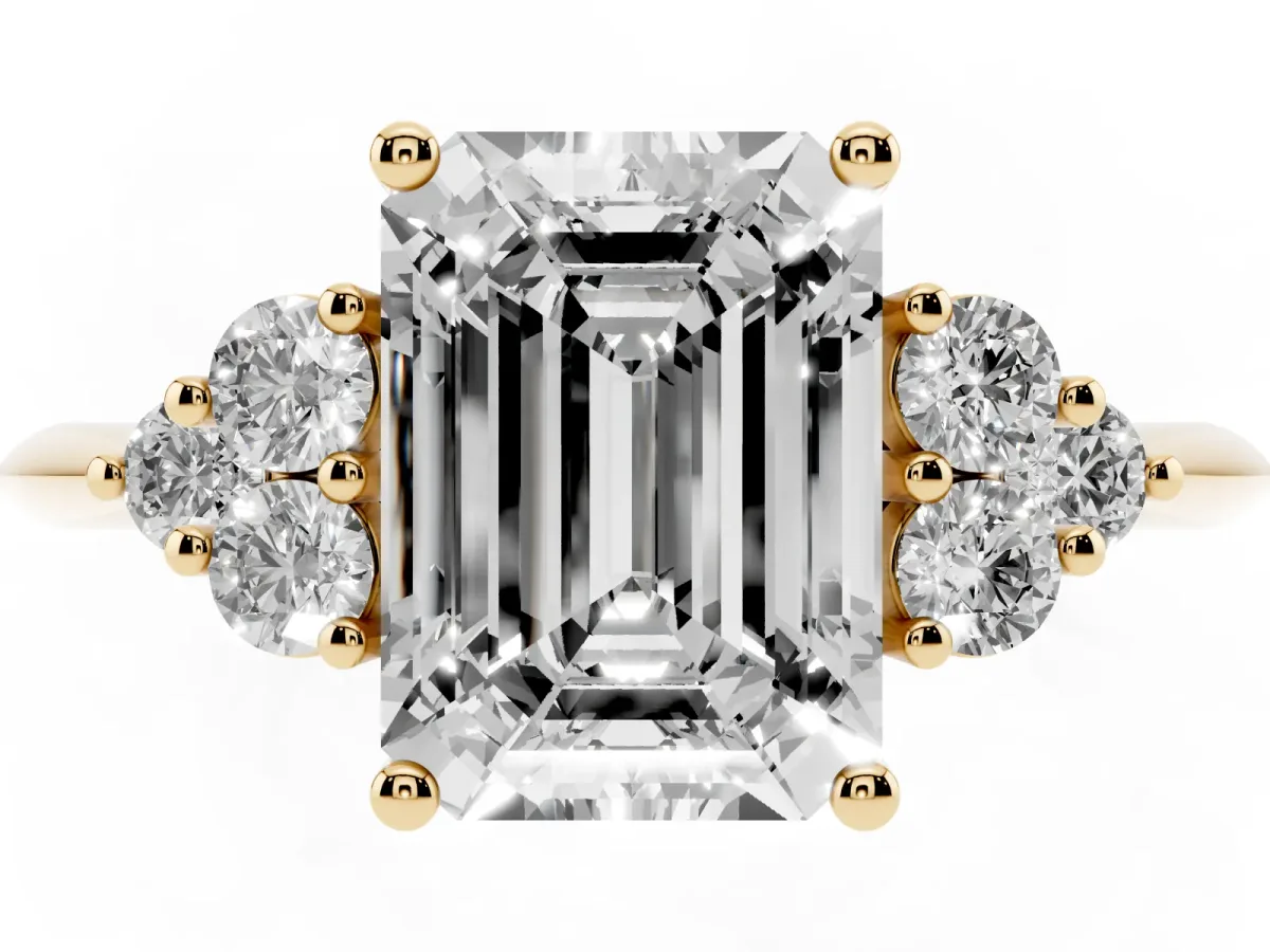Emerald Cut Cut Diamond Cluster Ring with Solitaire Band and Four-Prong Setting Yellow gold